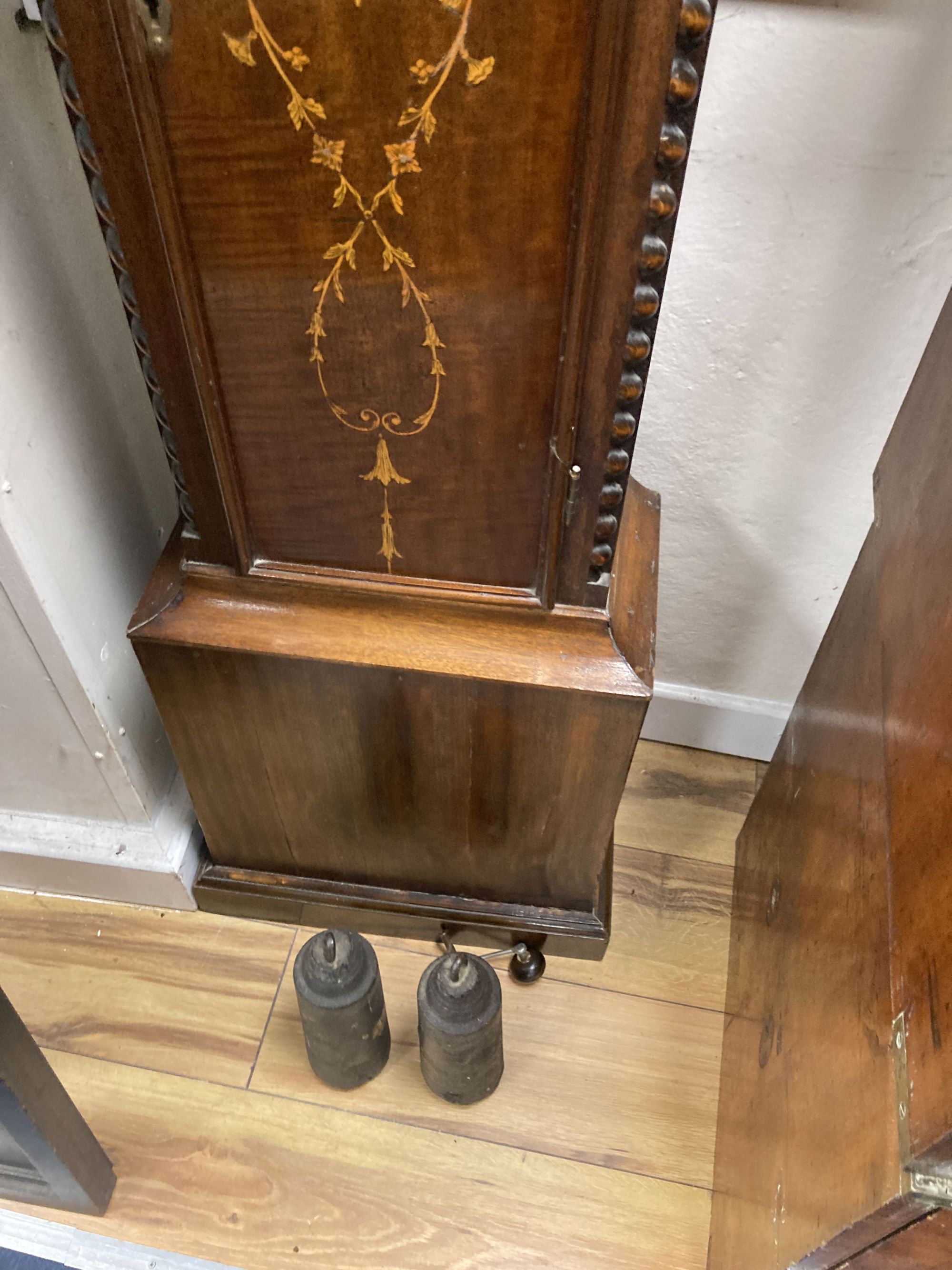 A 19th century and later inlaid mahogany longcase clock with printed dial, height 208cm